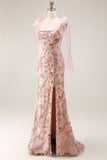 Sparkly Floral Pink Lace Thick Straps Long Mermaid Prom Dress with Slit