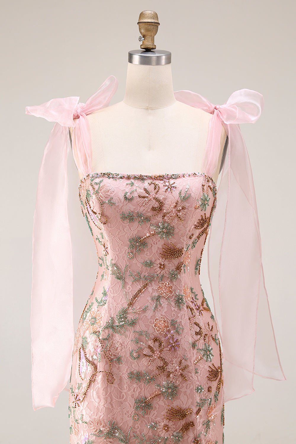 Sparkly Floral Pink Lace Thick Straps Long Mermaid Prom Dress with Slit