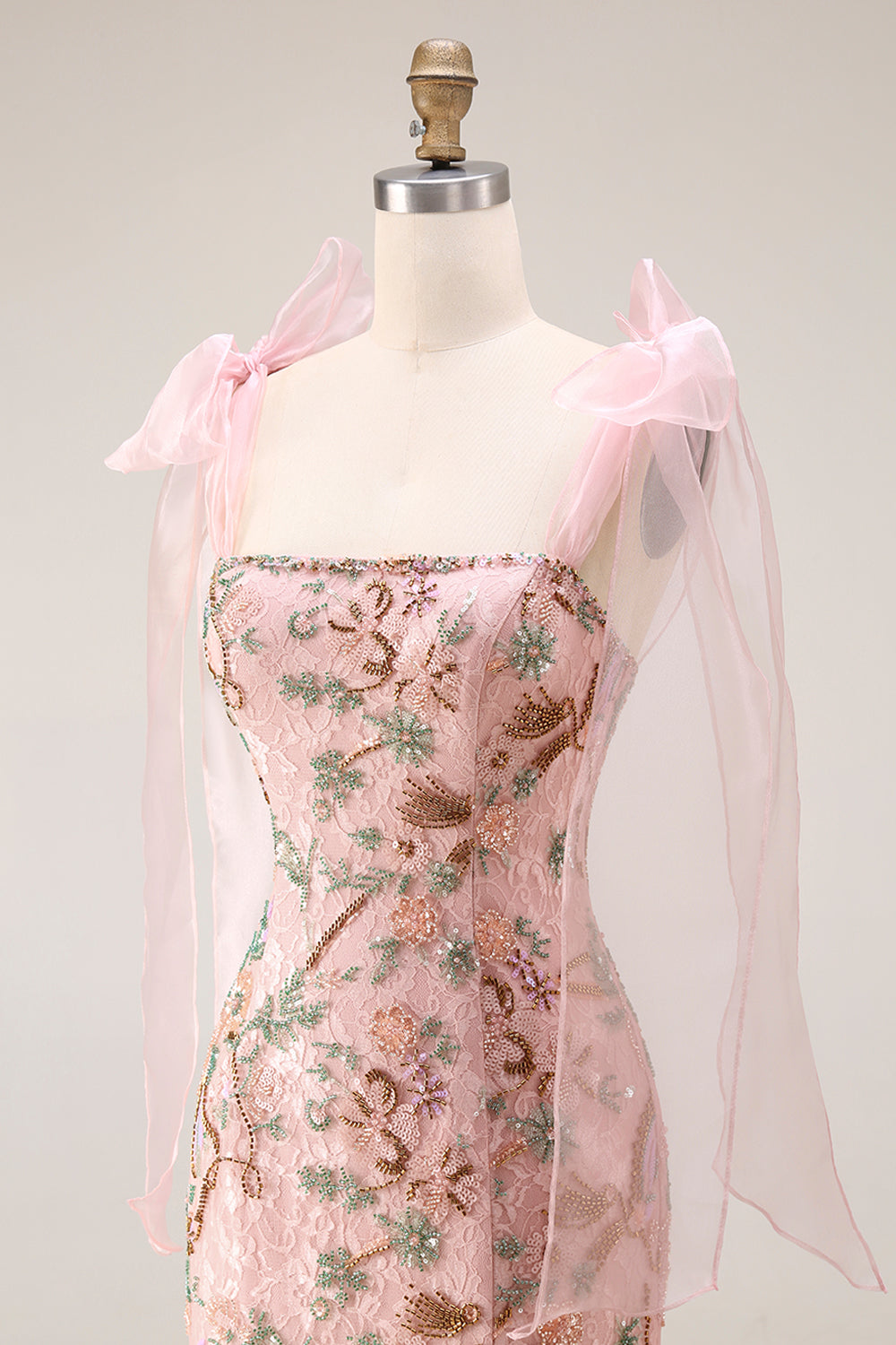 Sparkly Floral Pink Lace Thick Straps Long Mermaid Prom Dress with Slit