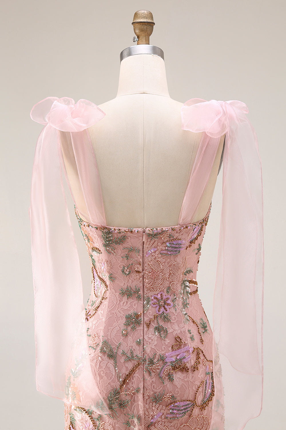 Sparkly Floral Pink Lace Thick Straps Long Mermaid Prom Dress with Slit