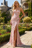 Sparkly Pink Lace Floral Sweetheart Mermaid Long Corset Prom Dress with Slit