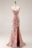 Sparkly Pink Lace Floral Sweetheart Mermaid Long Corset Prom Dress with Slit