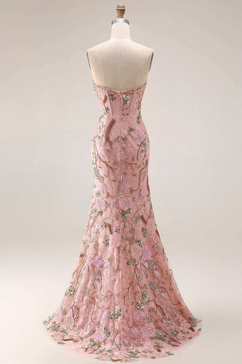 Sparkly Pink Lace Floral Sweetheart Mermaid Long Corset Prom Dress with Slit