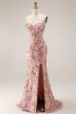 Sparkly Pink Lace Floral Sweetheart Mermaid Long Corset Prom Dress with Slit