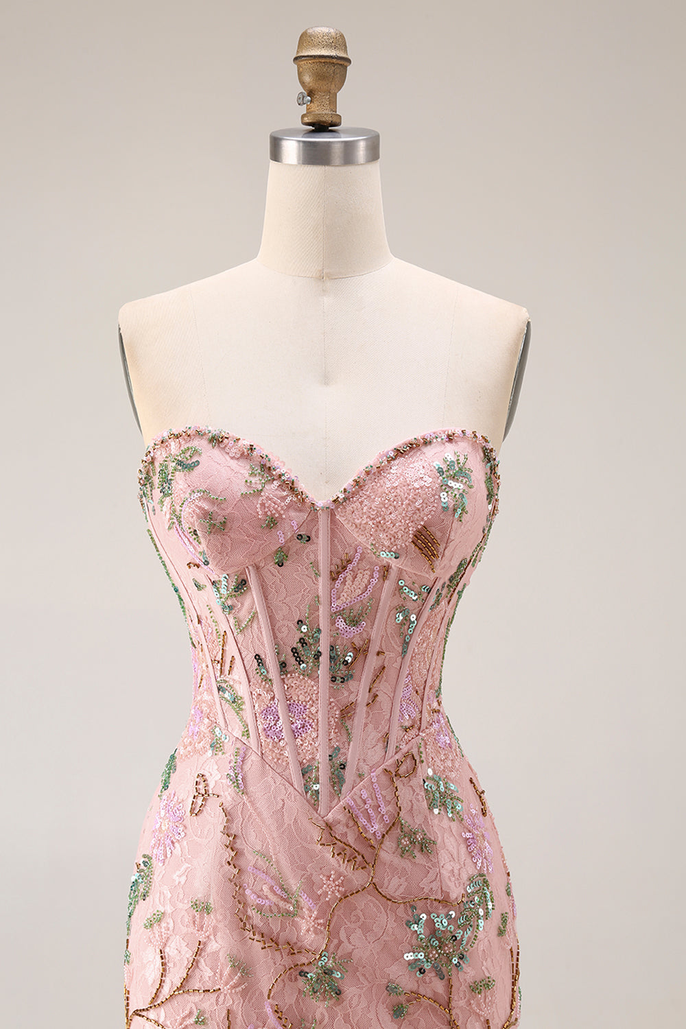 Sparkly Pink Lace Floral Sweetheart Mermaid Long Corset Prom Dress with Slit