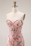 Sparkly Pink Lace Floral Sweetheart Mermaid Long Corset Prom Dress with Slit