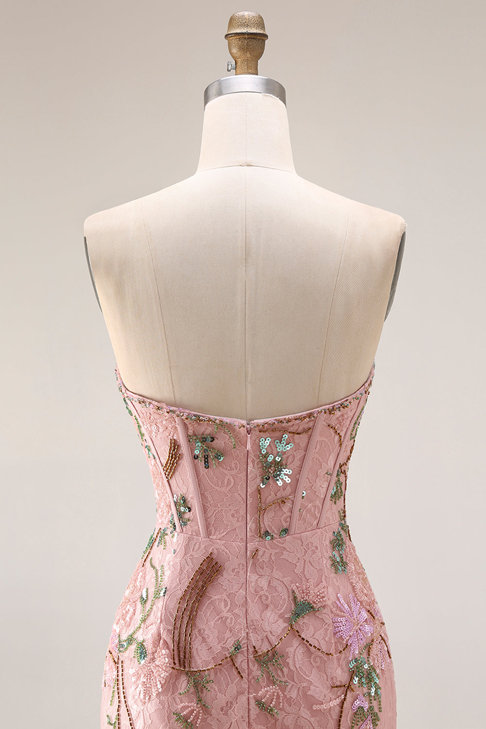 Sparkly Pink Lace Floral Sweetheart Mermaid Long Corset Prom Dress with Slit