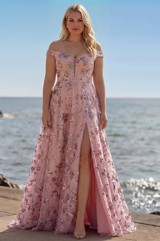 Floral Plus Size Blush Off the Shoulder A Line Long Prom Dress with Sequins