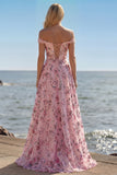 Floral Purple A Line Off the Shoulder Long Prom Dress with Sequins