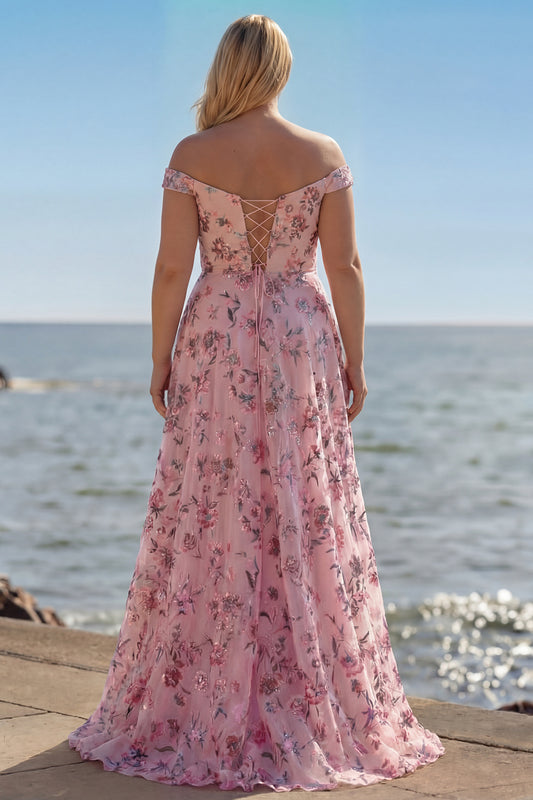 Floral Plus Size Blush Off the Shoulder A Line Long Prom Dress with Sequins
