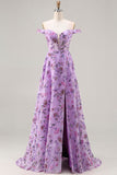 Floral Purple A Line Off the Shoulder Long Prom Dress with Sequins