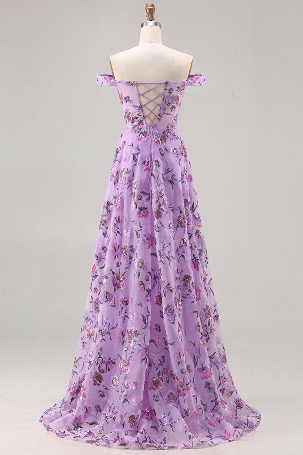 Floral Purple A Line Off the Shoulder Long Prom Dress with Sequins