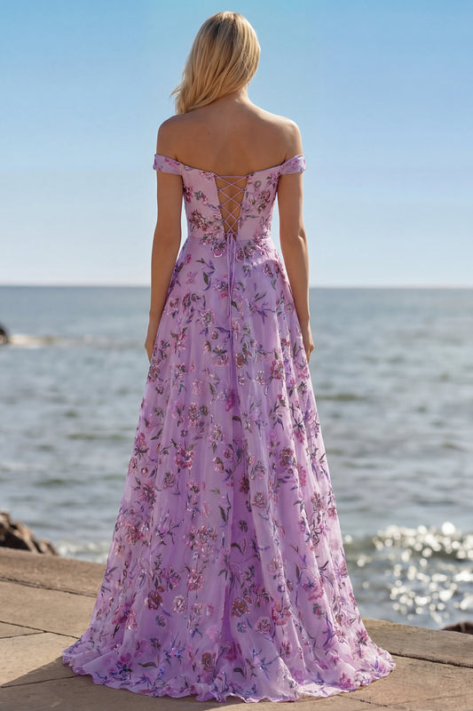 Floral Purple A Line Off the Shoulder Long Prom Dress with Sequins