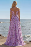 Floral Purple A Line Off the Shoulder Long Prom Dress with Sequins