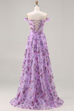 Floral Purple A Line Off the Shoulder Long Prom Dress with Sequins