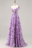 Floral Purple A Line Off the Shoulder Long Prom Dress with Sequins