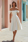 White Satin Off the Shoulder A Line Midi Engagement Dress