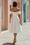 White Satin Off the Shoulder A Line Midi Engagement Dress