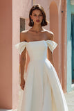 White Satin Off the Shoulder A Line Midi Engagement Dress