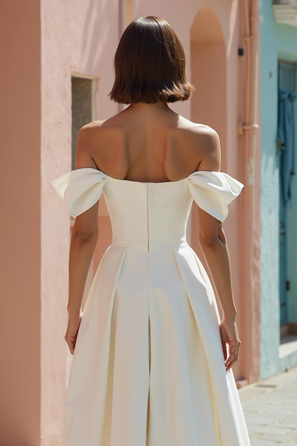 White Satin Off the Shoulder A Line Midi Engagement Dress