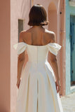 White Satin Off the Shoulder A Line Midi Engagement Dress