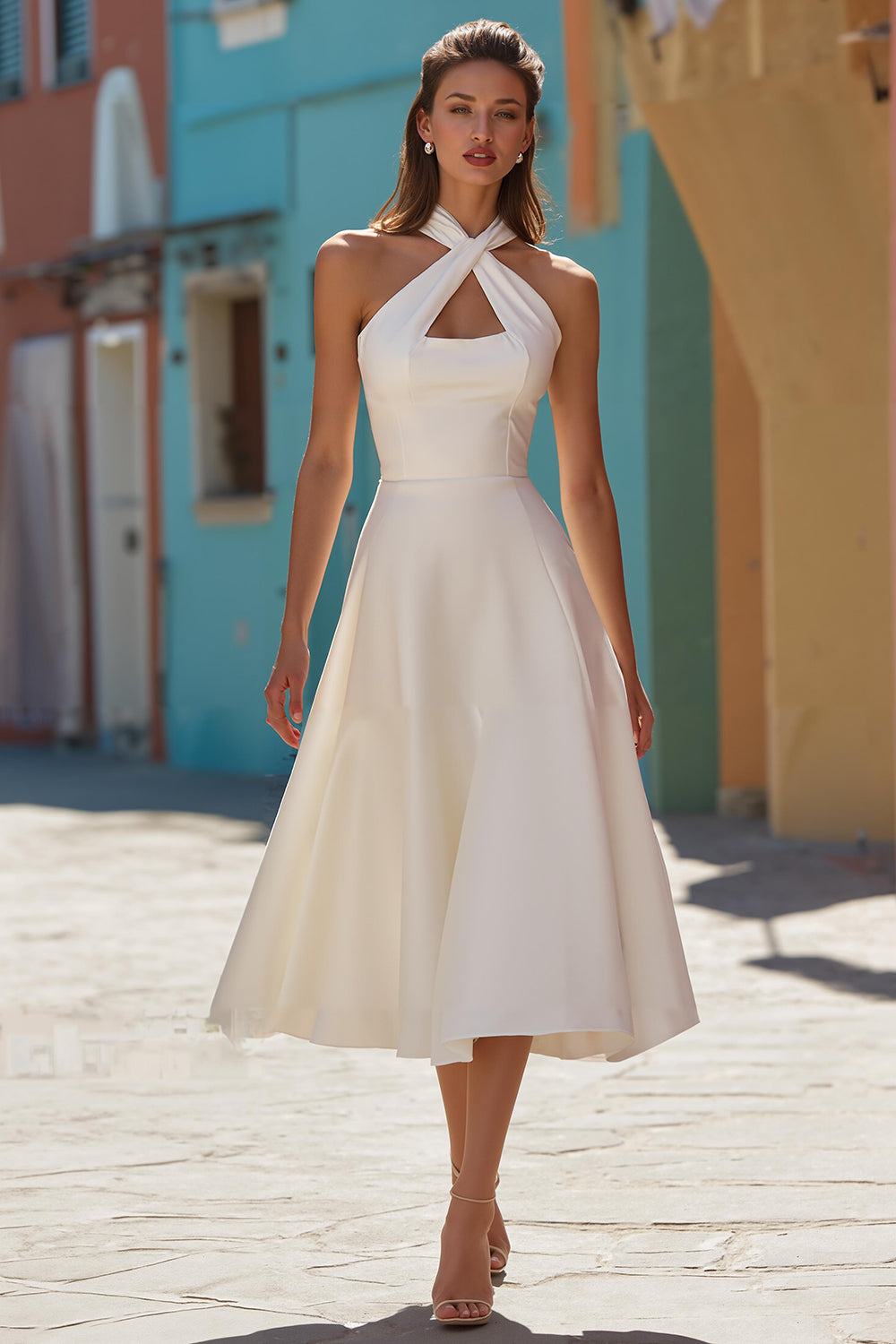 White Satin Halter A Line Midi Engagement Dress