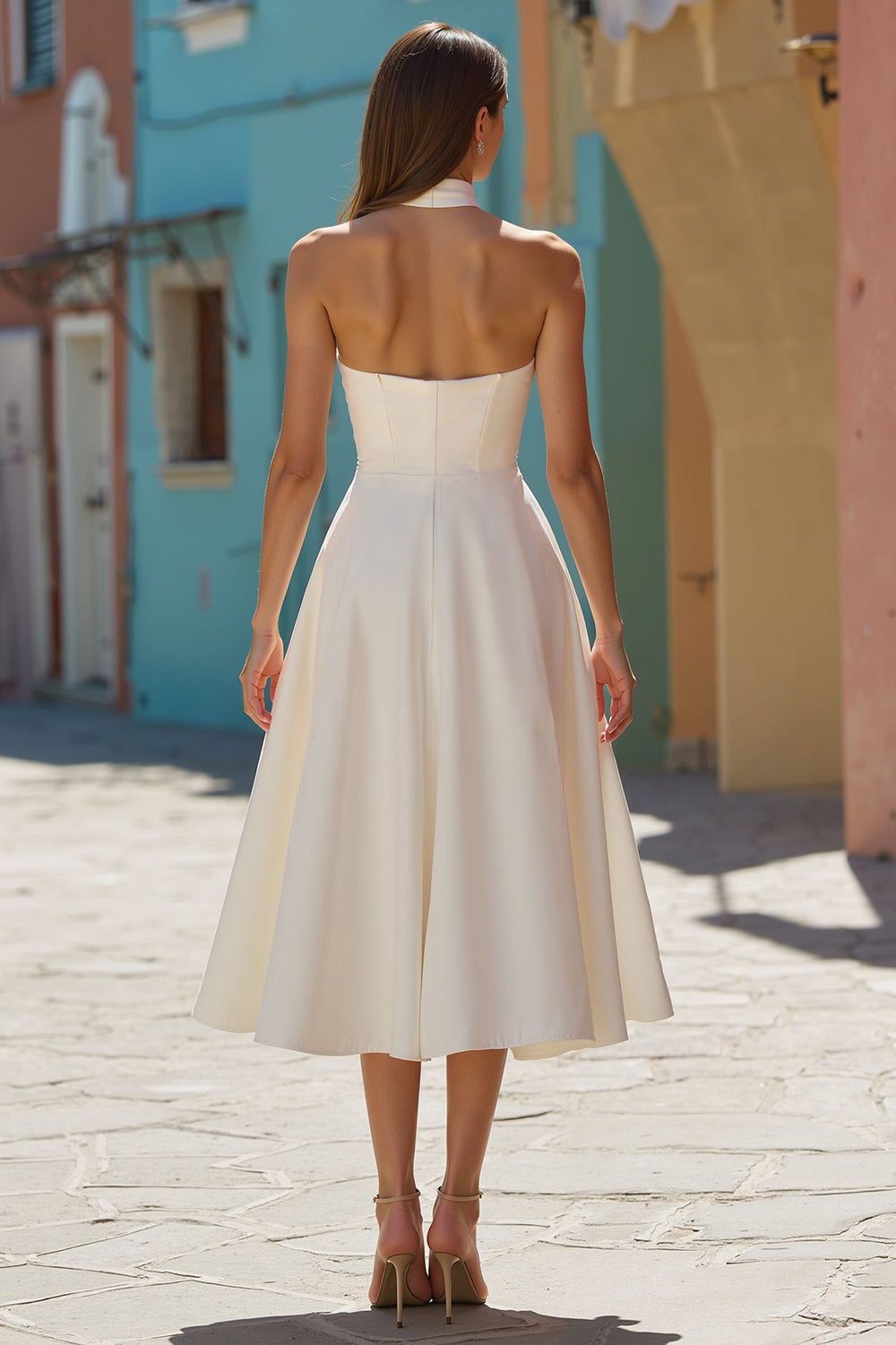 White Satin Halter A Line Midi Engagement Dress