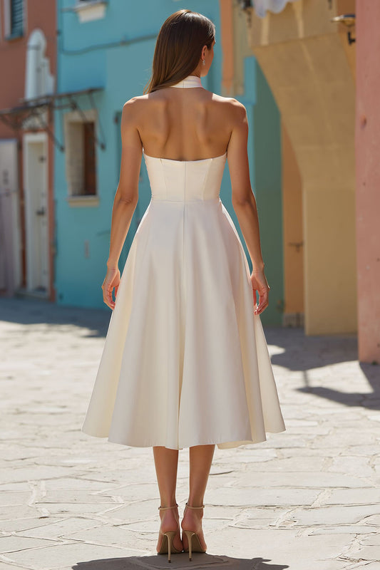 White Satin Halter A Line Midi Engagement Dress