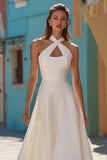 White Satin Halter A Line Midi Engagement Dress