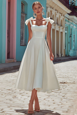 White Satin Thick Straps Corset Midi Engagement Dress with Bows