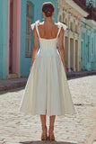 White Satin Thick Straps Corset Midi Engagement Dress with Bows