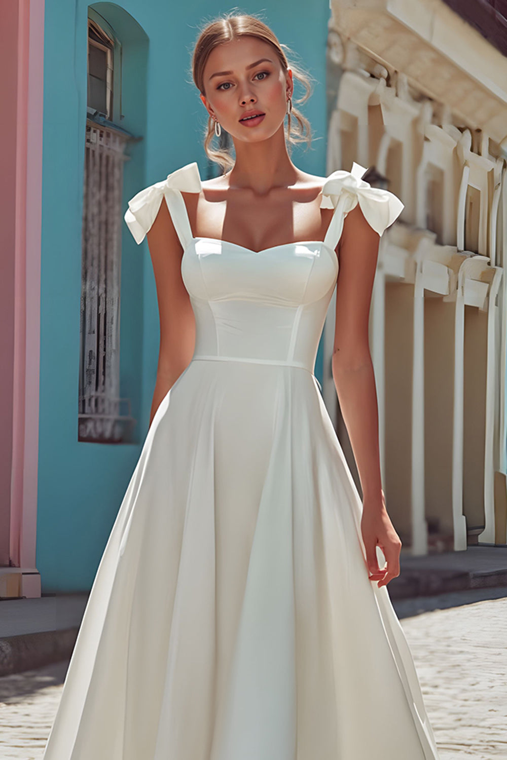 White Satin Thick Straps Corset Midi Engagement Dress with Bows