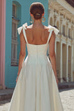 White Satin Thick Straps Corset Midi Engagement Dress with Bows