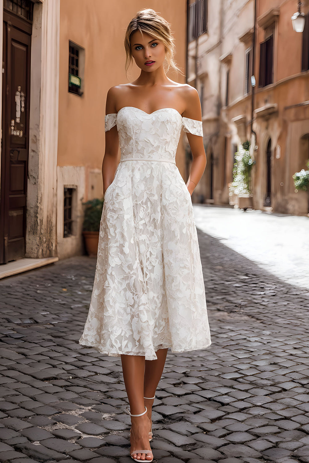 Zapakasa Women White Satin Midi Engagement Dress Off the Shoulder