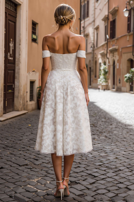 White Lace Off the Shoulder Midi Engagement Dress