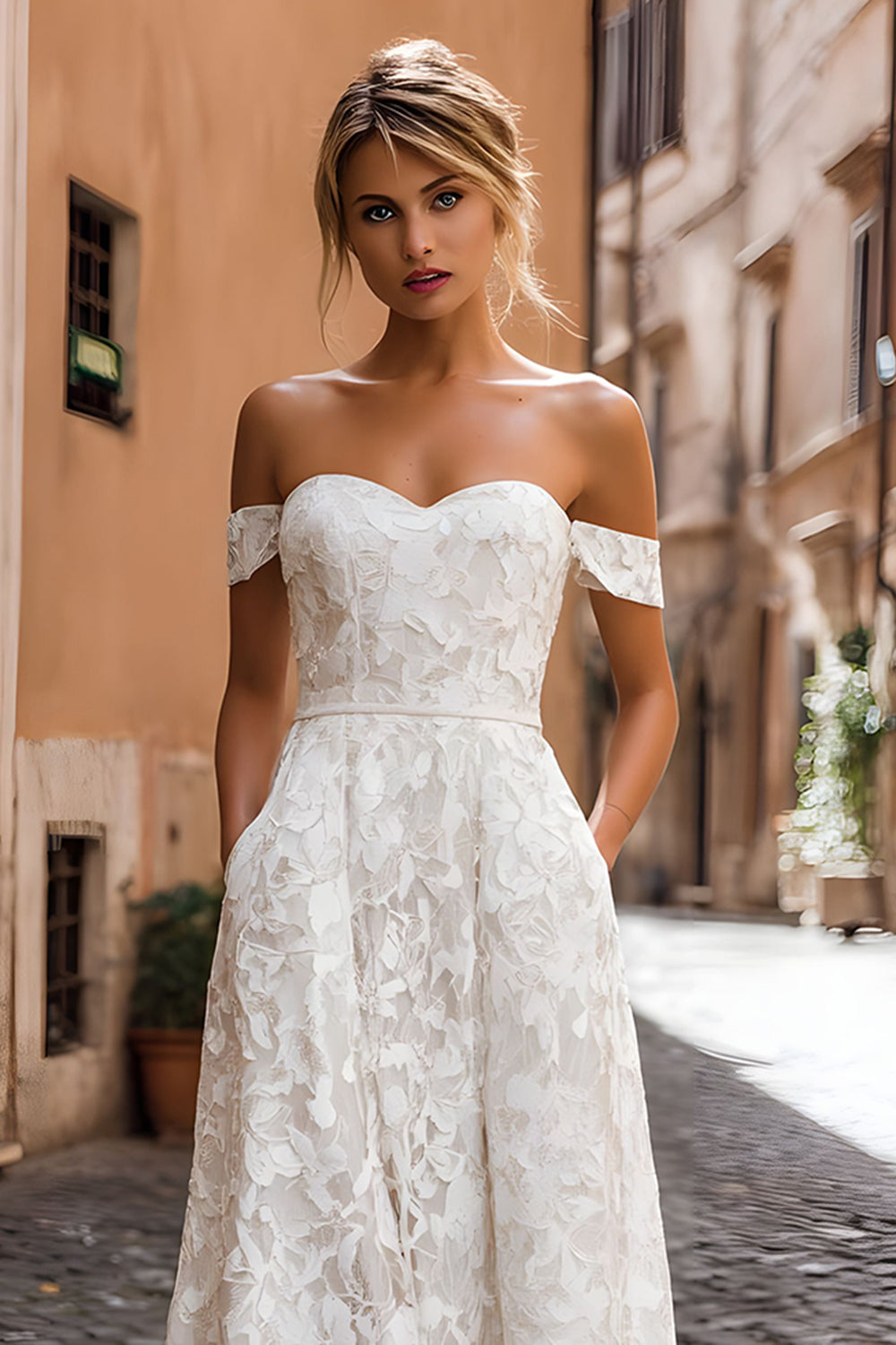 White Lace Off the Shoulder Midi Engagement Dress