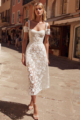 White Cold Shoulder Lace A Line Midi Engagement Dress