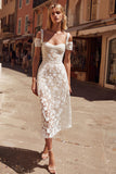 White Cold Shoulder Lace A Line Midi Engagement Dress