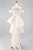 White Satin Off the Shoulder Bodycon Short Engagement Dress with Bows