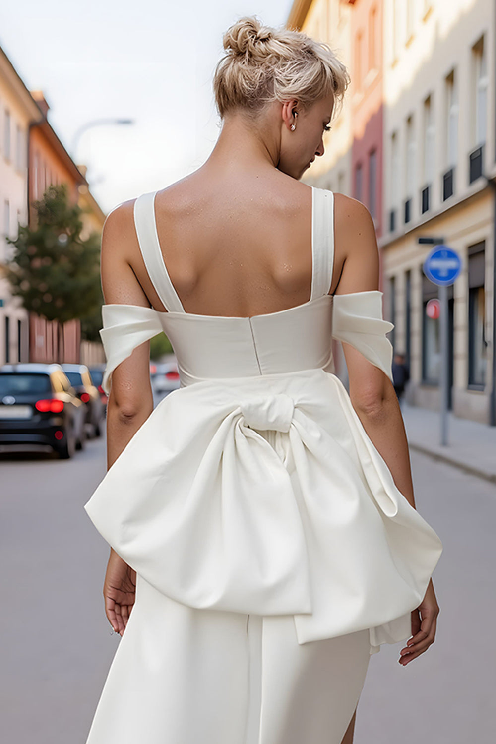 White Satin Off the Shoulder Bodycon Short Engagement Dress with Bows