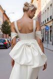 White Satin Off the Shoulder Bodycon Short Engagement Dress with Bows