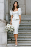 White Satin Square Neck Bodycon Midi Engagement Dress with Sleeves