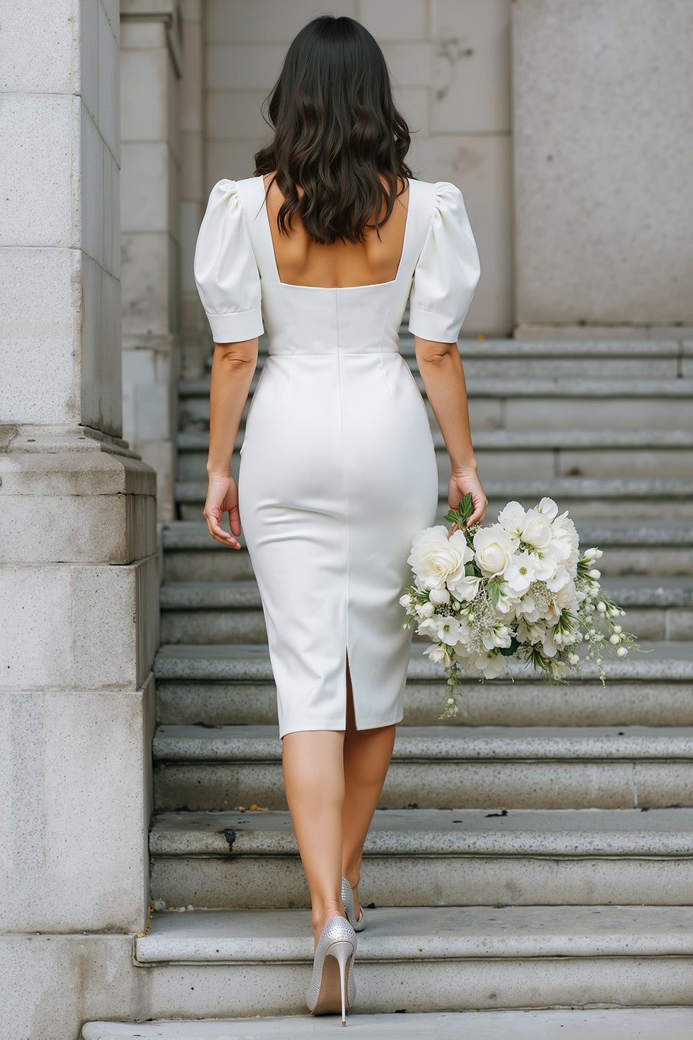 White Satin Square Neck Bodycon Midi Engagement Dress with Sleeves