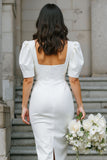 White Satin Square Neck Bodycon Midi Engagement Dress with Sleeves