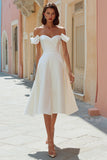 White Satin Off the Shoulder Midi Engagement Dress