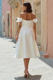 White Satin Off the Shoulder Midi Engagement Dress