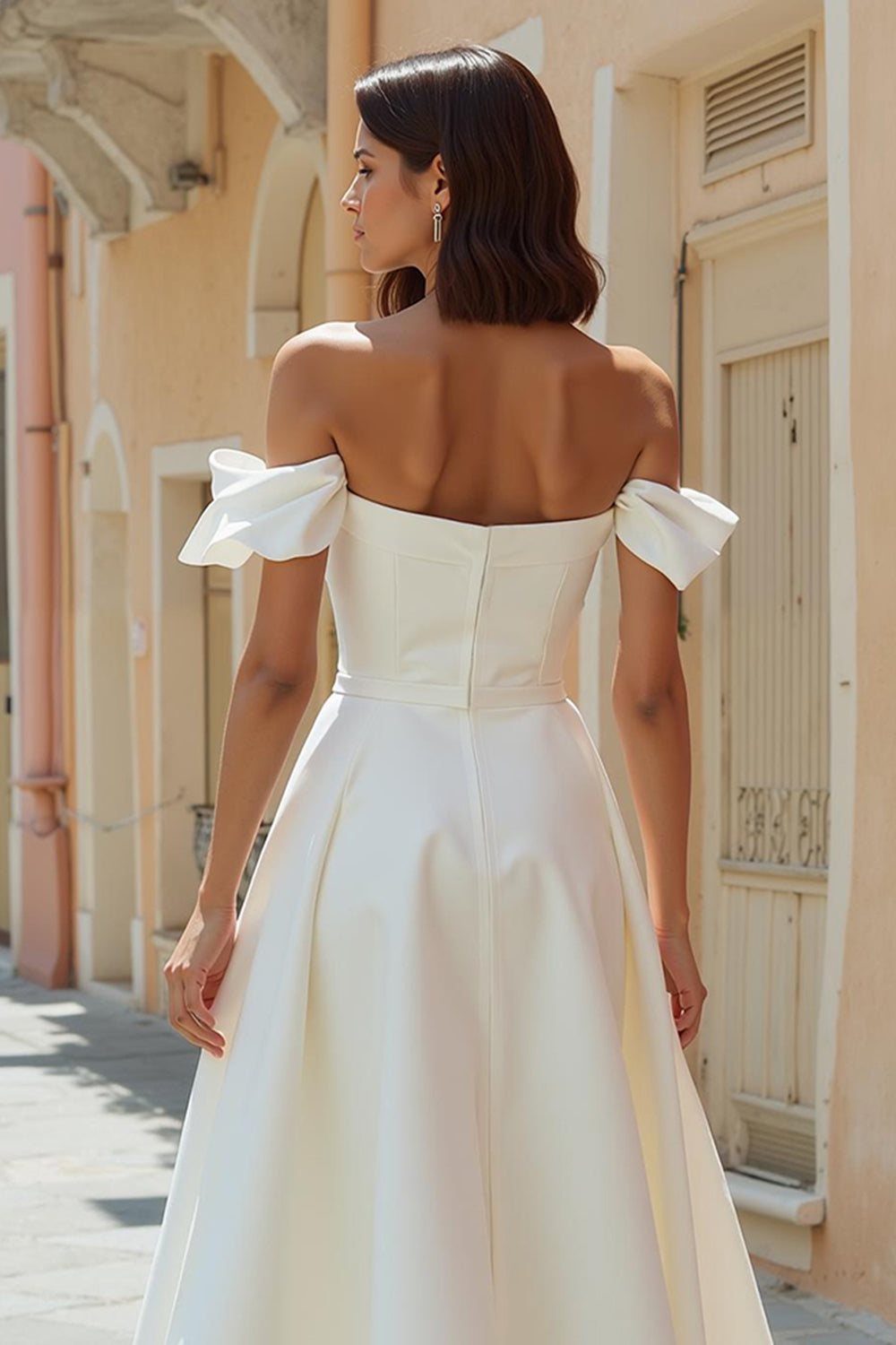 White Satin Off the Shoulder Midi Engagement Dress
