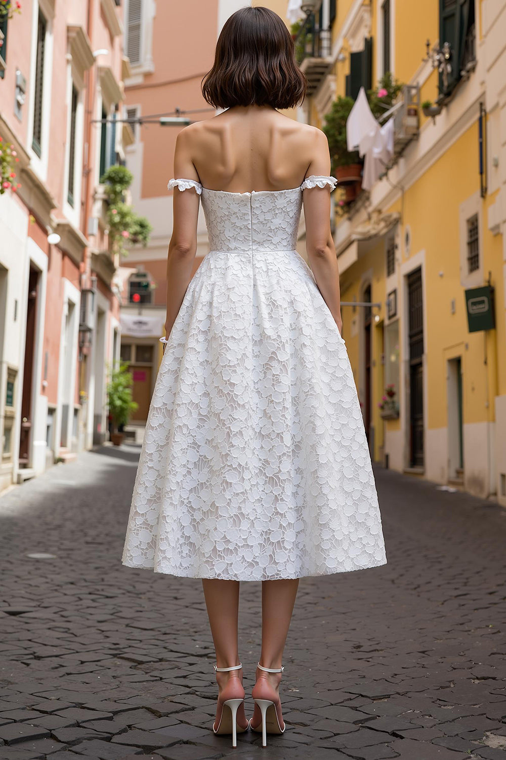 White Lace Off the Shoulder A Line Midi Engagement Dress