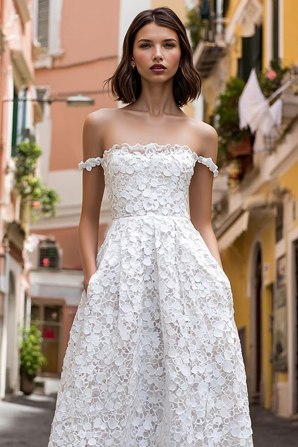 White Lace Off the Shoulder A Line Midi Engagement Dress