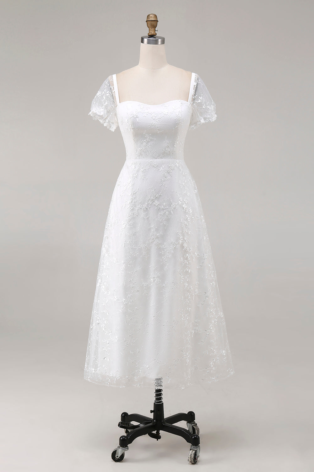 Ivory Lace Square Neck Midi Engagement Dress with Sleeves